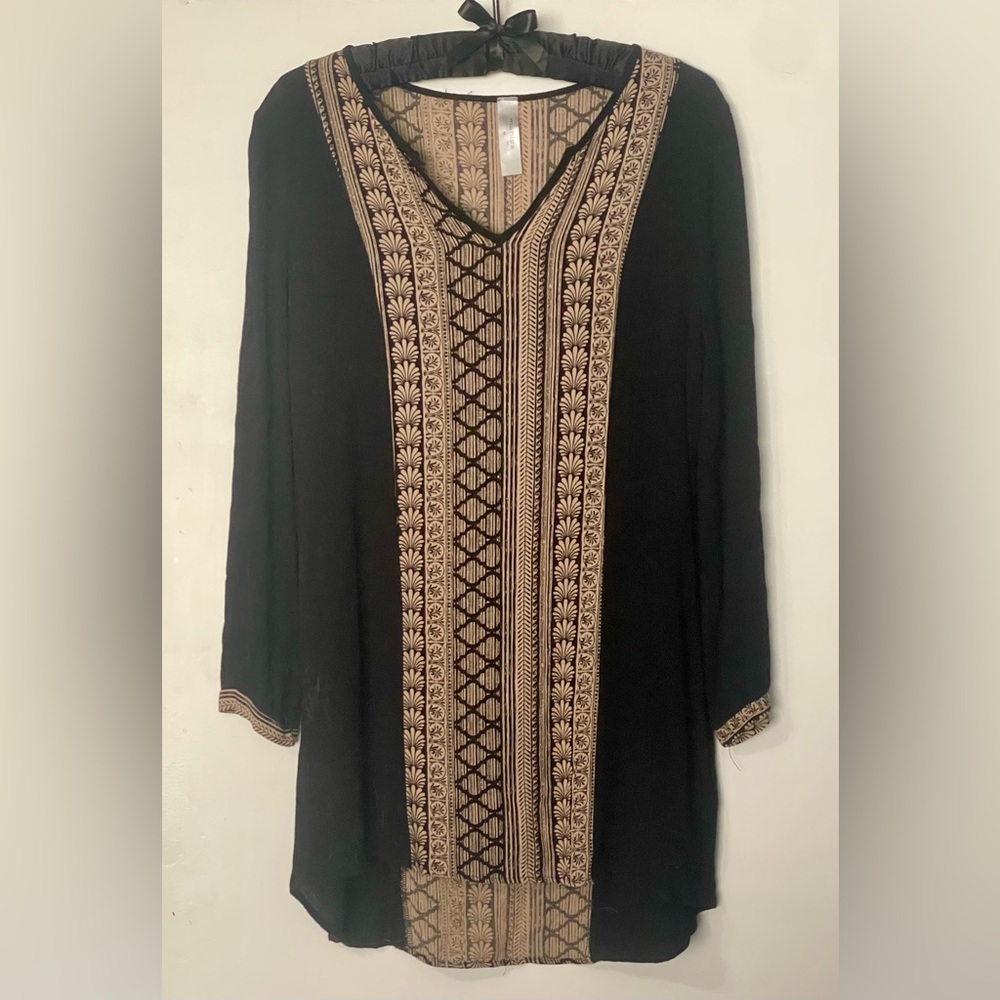 Mahina Geometric / Tribal High Low Dress In Black & Tan Size S